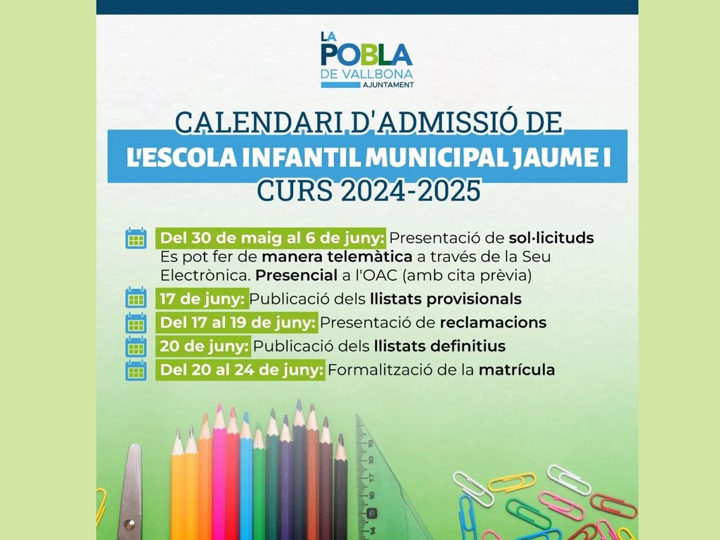 🎒 CALENDARIO ADMISIÓN ESCUELA INFANTIL MUNICIPAL
